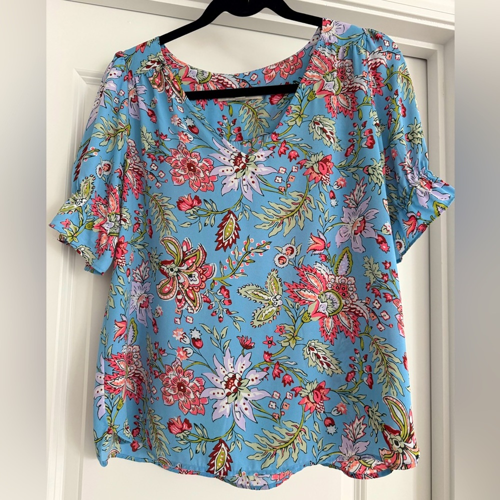 LOFT Floral V-Neck Blouse - Cornflower Blue and Salmon Pink